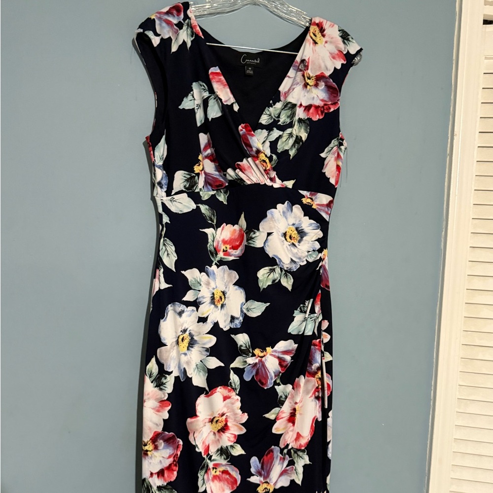 Connected Apparel Navy Floral Midi Dress with Pink and White Blooms